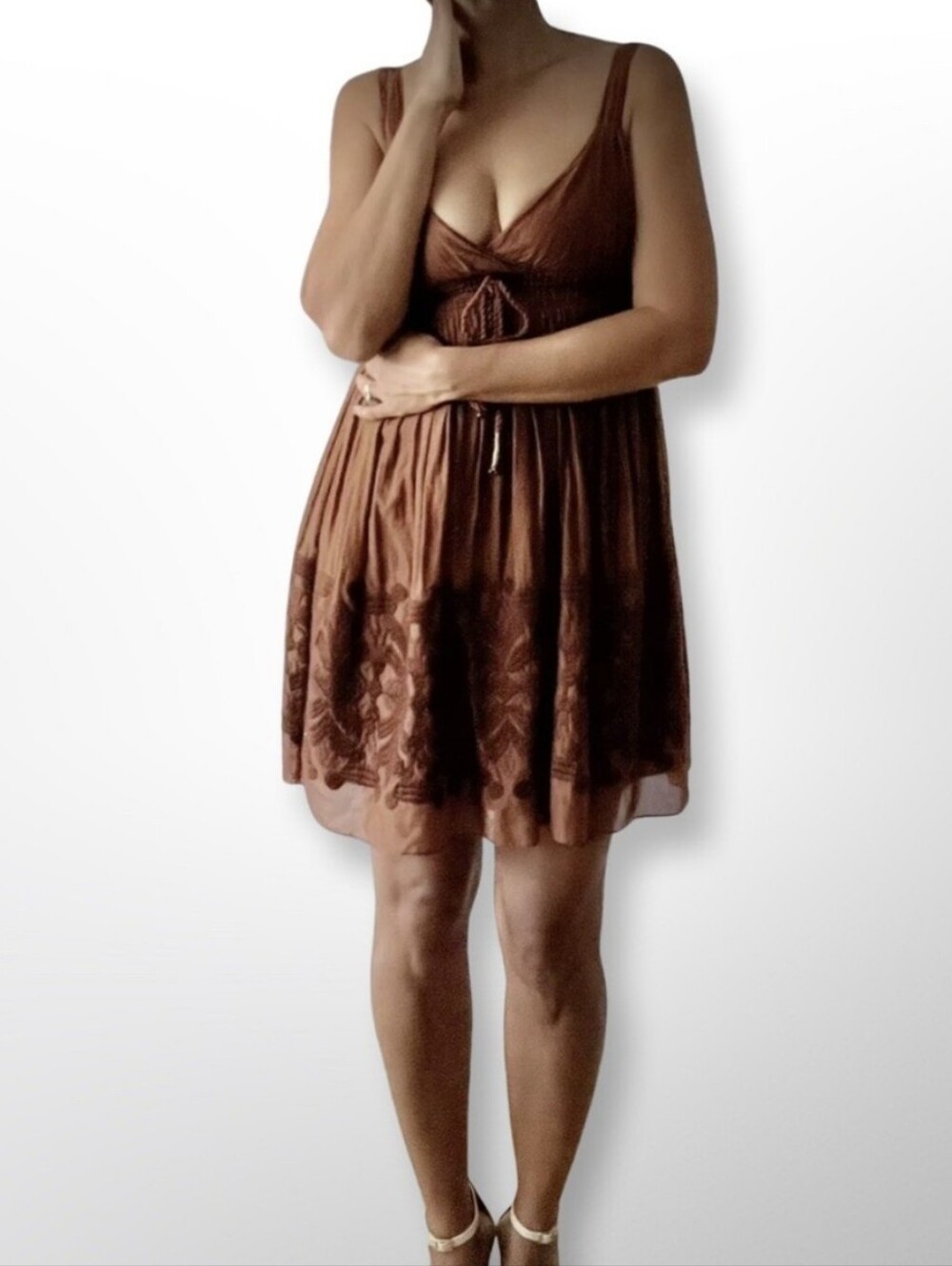 Vintage Banana Republic Brown Embroidered Cotton Fairy Babydoll Dress Size 8